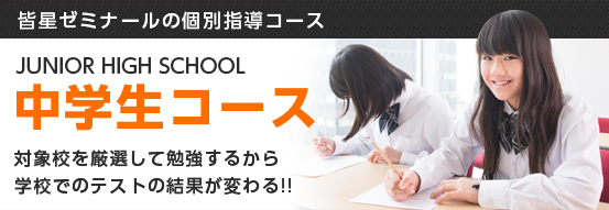 皆星ゼミナールの個別指導コース:中学生コース(JUNIOR HIGH SCHOOL)対象校を厳選して勉強するから学校でのテストの結果が変わる!!